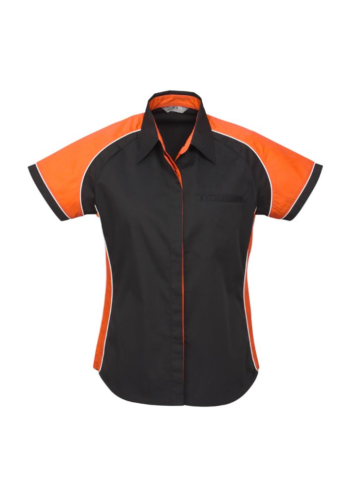 Ladies Nitro Shirt in black, orange, and white, featuring contrast panels, piping, and a concealed placket, size 14.