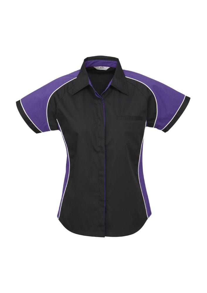 Ladies Nitro Shirt in black, purple, and white, featuring a concealed placket, contrast panels, and a stylish, comfortable fit.