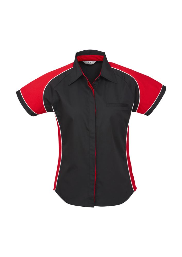 Ladies Nitro Shirt in black, red, and white, featuring contrast panels, concealed placket, and side splits, size 10.
