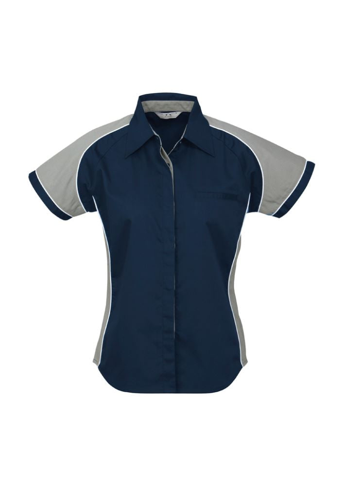 Ladies Nitro Shirt in navy, grey, and white, Size 18; features a concealed placket and stylish contrast panels.
