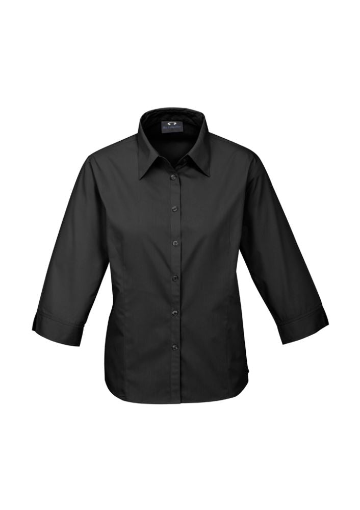 Ladies 3/4 sleeve black shirt, Size 10, crafted from soft polyester-cotton blend for versatile comfort and style.
