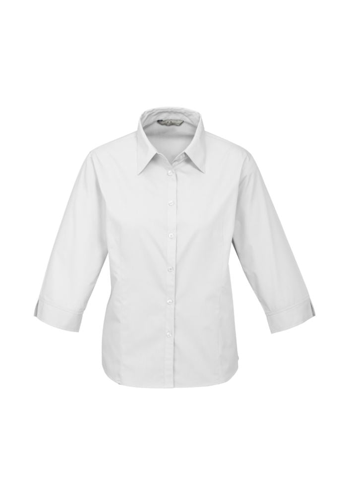 Ladies Base 3/4 Sleeve Shirt in white, size 12, made of breathable polyester-cotton blend, perfect for versatile styling.