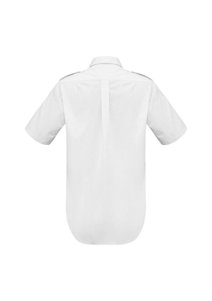 Men's white short sleeve shirt with epaulettes, chest pockets, and box pleat, size 5XL, blending style and comfort by Biz Collection.