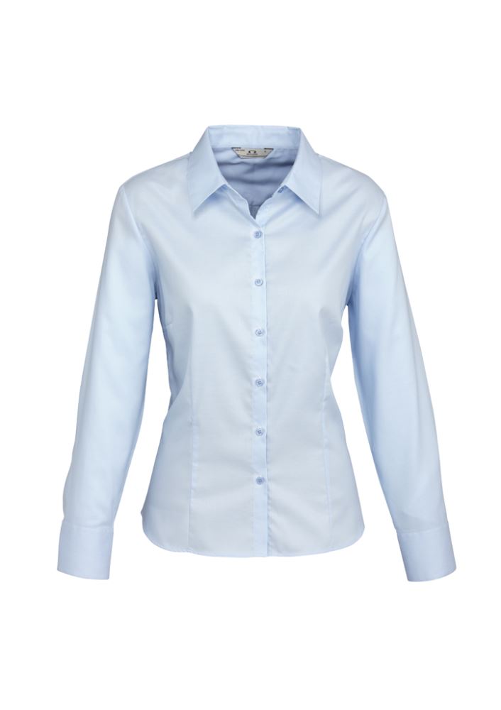 Ladies Luxe Long Sleeve Shirt in blue, size 22, featuring soft cotton herringbone fabric and elegant cuff details.