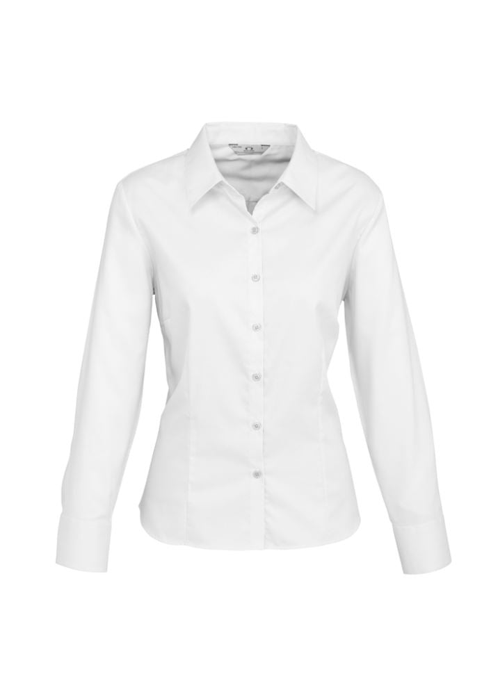 Elegant white long sleeve shirt in size 24, featuring breathable cotton herringbone and stylish cuff details.