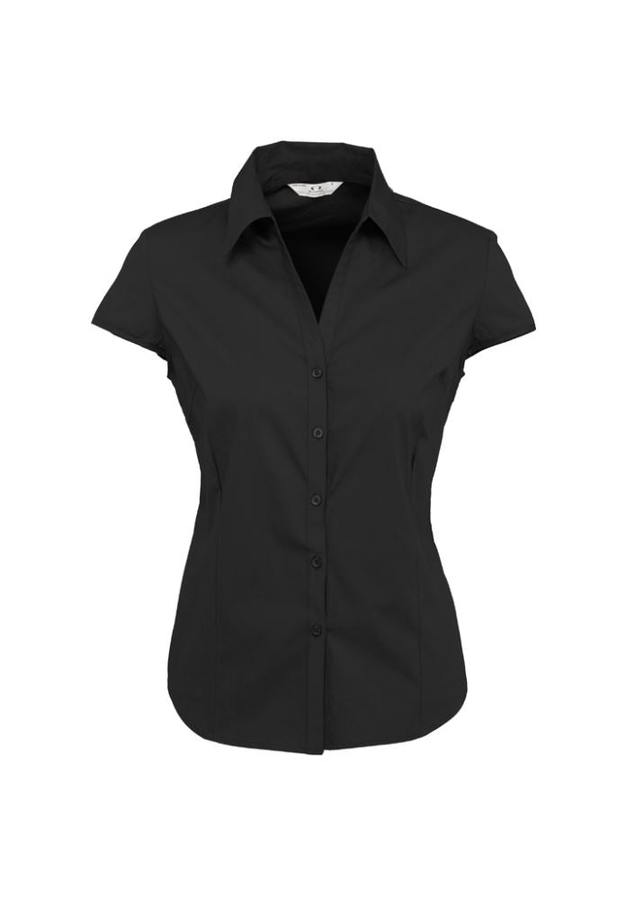 Ladies Metro Cap Sleeve Shirt in Black, Size 18, featuring cuffed sleeves, chic neckline, and UPF 'Very Good' sun protection.