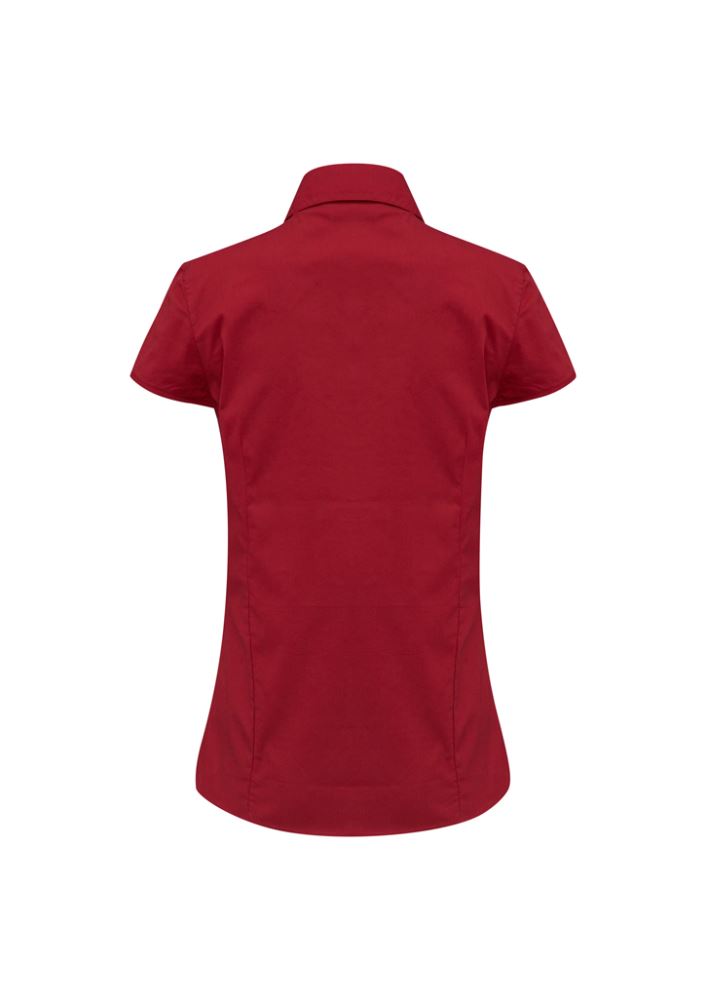 Ladies Metro Cap Sleeve Shirt in Cherry for size 14, featuring a stylish design, comfort stretch, and sun protection.