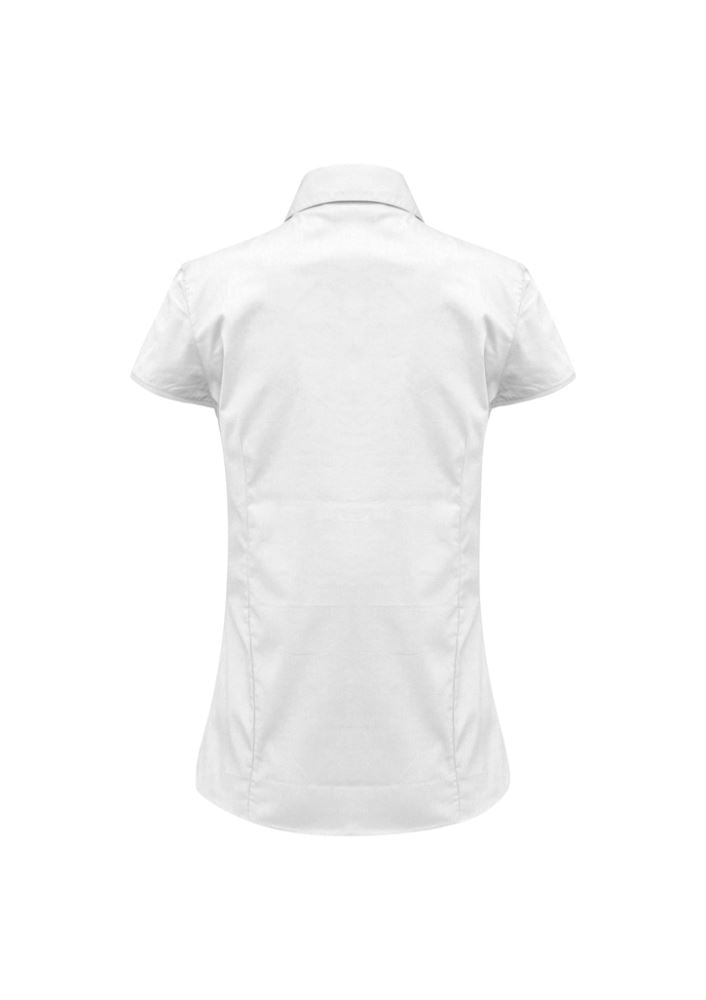 Ladies Metro Cap Sleeve Shirt in white, size 18, featuring a chic open neckline, cuffed sleeves, and a curved hemline.