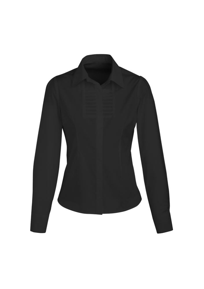 Ladies Berlin Long Sleeve Shirt in black, size 12, featuring a soft, stretchy fabric and stylish yarn-dyed stripe design.