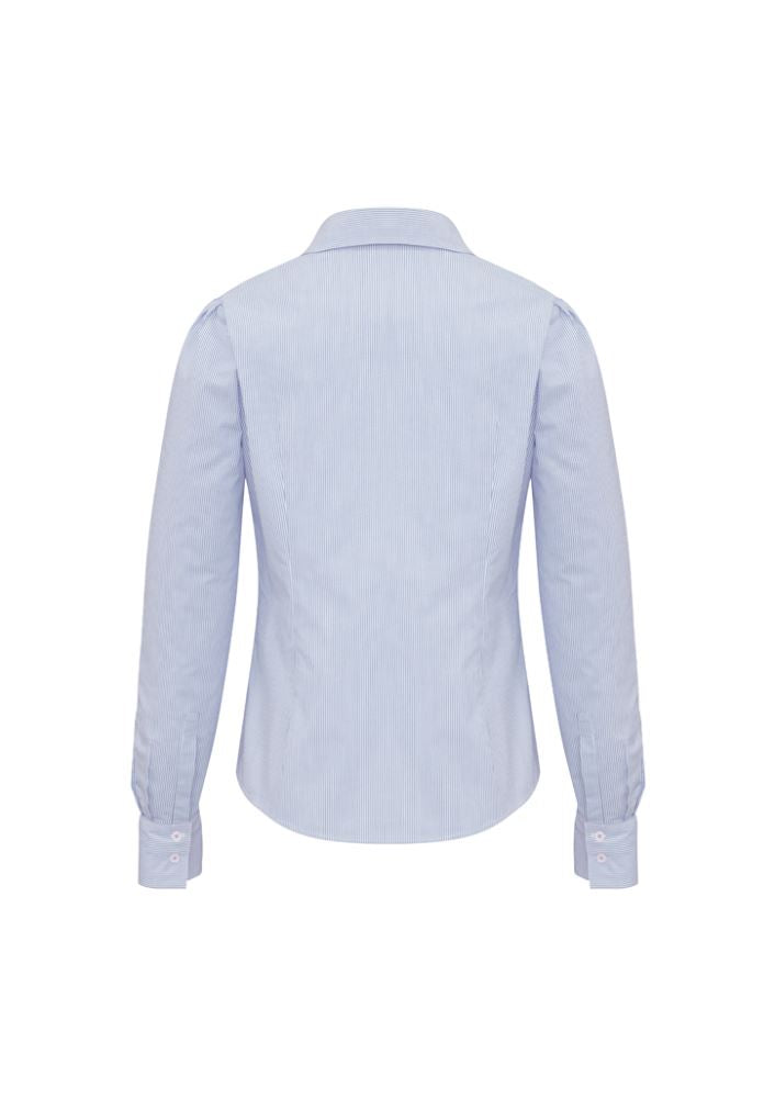 Ladies Berlin Long Sleeve Shirt in blue stripe, size 22, featuring stretch fabric and a concealed button placket for a sophisticated look.