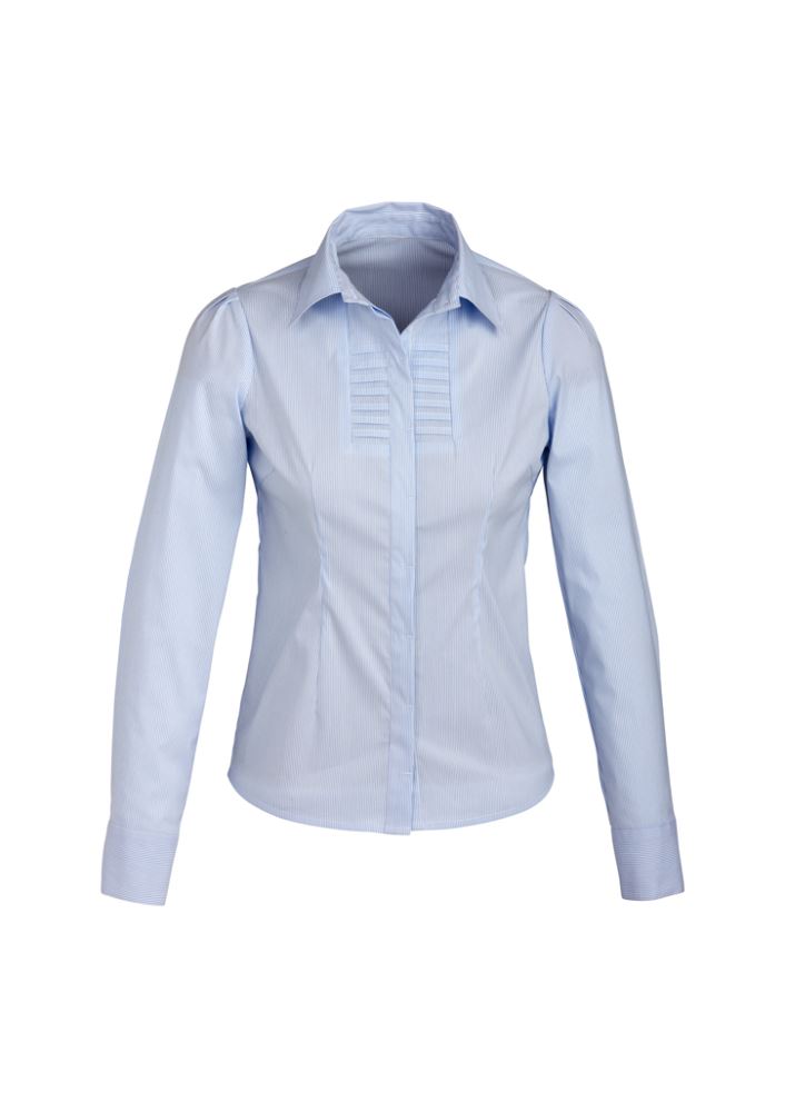 Ladies long sleeve shirt in blue stripe, Size 18, featuring shoulder pleats and wrinkle-free fabric for comfort and style.