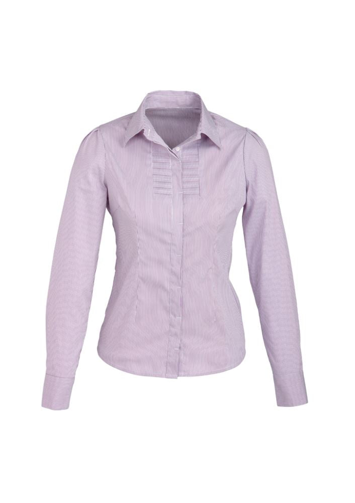 Ladies Berlin Long Sleeve Shirt in Grape Stripe, size 6, featuring yarn-dyed stripes and a sleek concealed button placket.