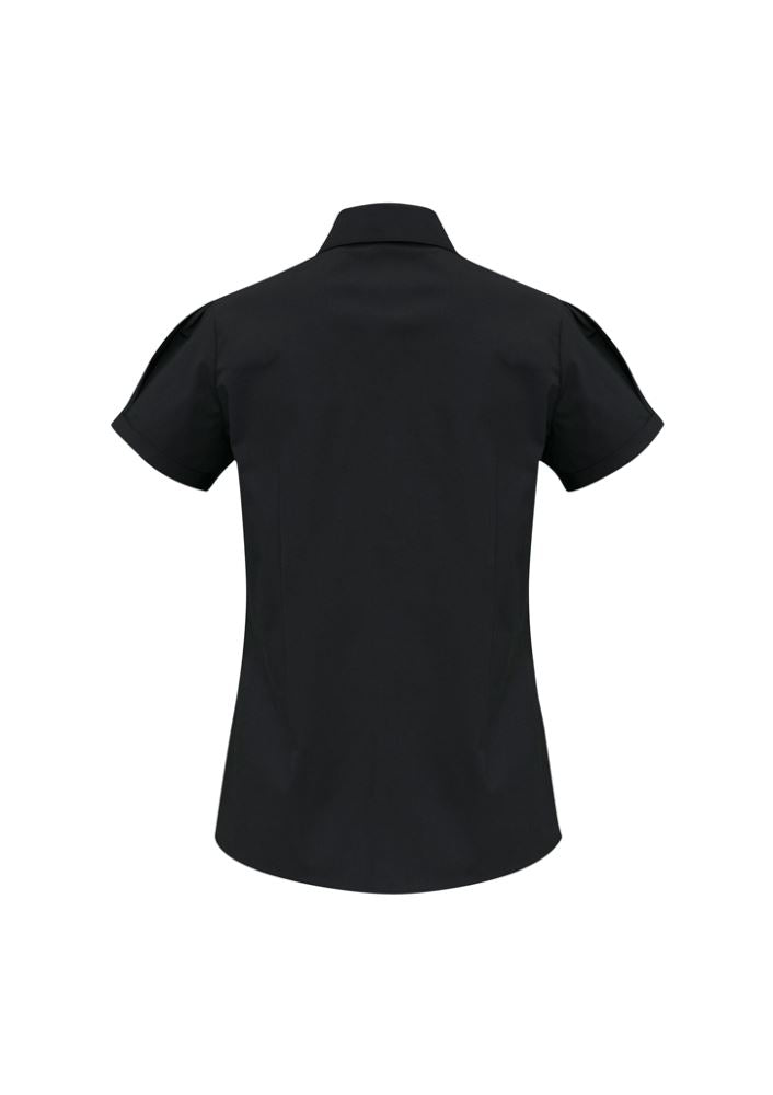 Black Ladies Berlin Short Sleeve Shirt, Size 14, featuring elegant yarn-dyed stripes, shoulder pleats, and easy iron fabric.