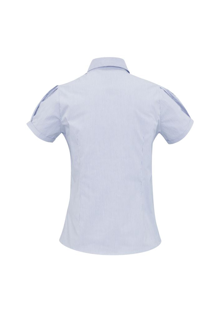 Ladies Berlin Short Sleeve Shirt in blue stripe, size 10, featuring breathable fabric and a flattering fit for versatile wear.