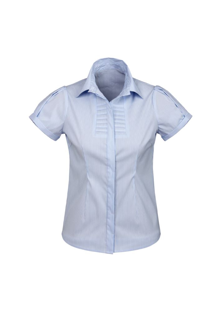 Ladies Berlin Short Sleeve Shirt in blue stripes, featuring shoulder pleats and a concealed placket for a polished look. Size 12.
