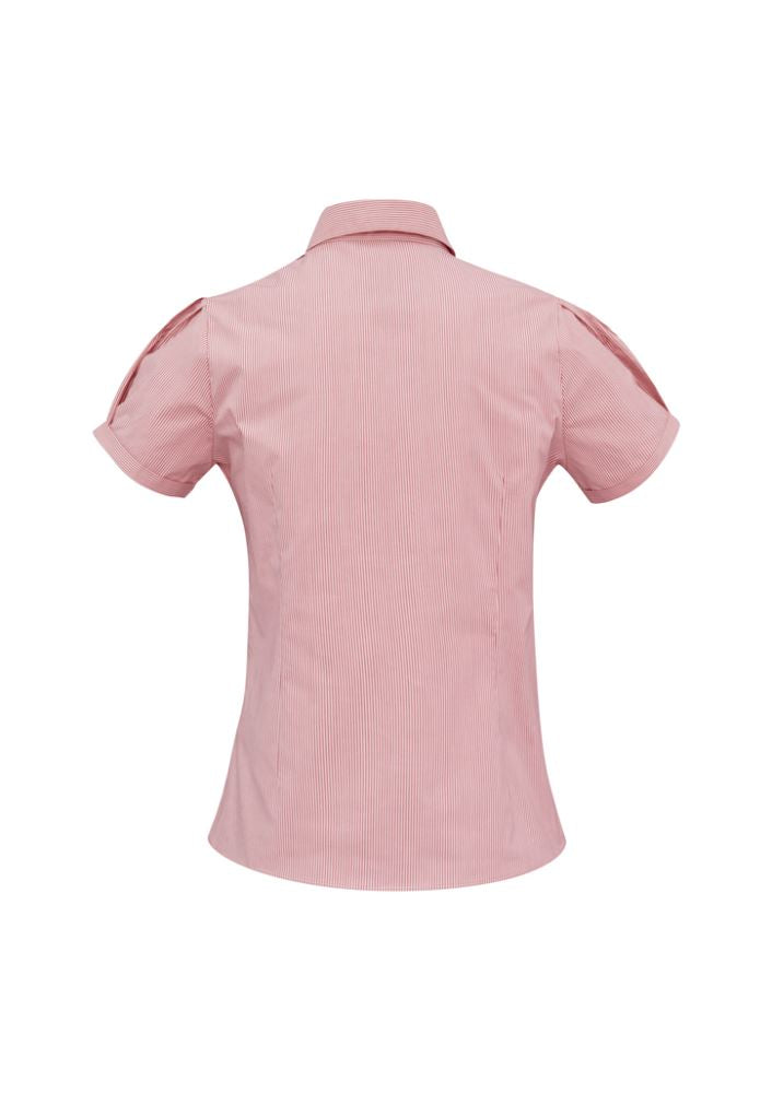 Vibrant cherry short sleeve shirt in Size 18 with elegant yarn-dyed stripes, featuring shoulder pleats and concealed button placket.