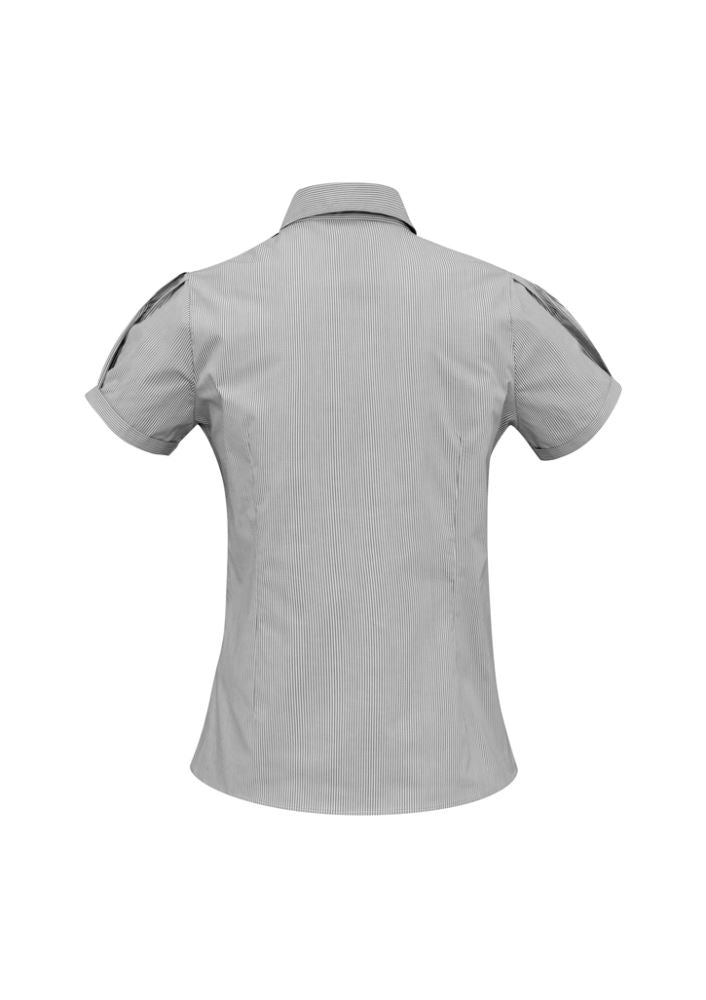 Graphite striped short sleeve shirt for ladies in size 24, with shoulder pleats and wrinkle-free fabric for comfort and style.