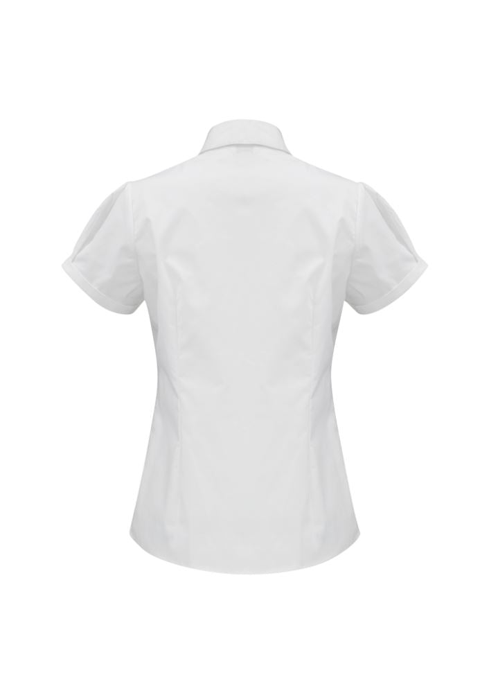 Ladies Berlin Short Sleeve Shirt in white, size 26, features breathable fabric, elegant stripes, and a flattering fit with concealed buttons.