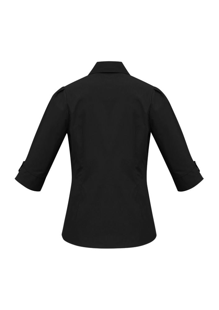 Elegant black 3/4 sleeve shirt for ladies, size 12, featuring shoulder pleats and a concealed button placket for a polished look.