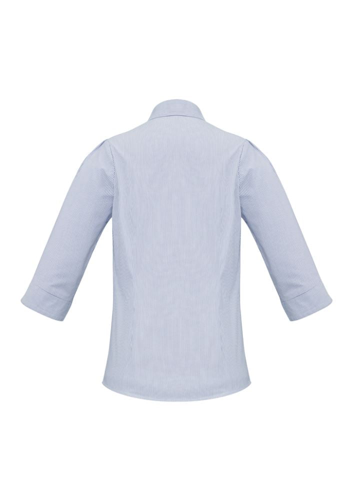 Blue striped 3/4 sleeve shirt for women, size 10, featuring shoulder pleats and a concealed button placket for a flattering fit.