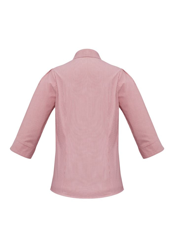 Vibrant cherry 3/4 sleeve shirt from Biz Collection, featuring yarn-dyed stripes, easy iron fabric, and elegant concealed placket.