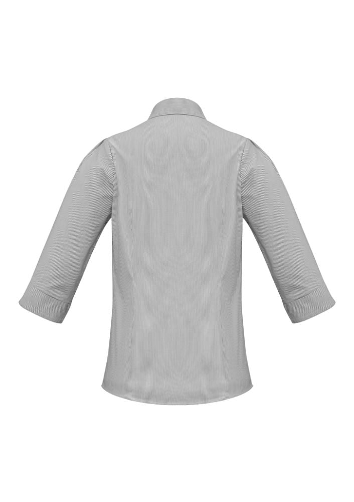 Graphite stripe 3/4 sleeve shirt for ladies, size 10, featuring shoulder pleats and a concealed button placket for a polished look.