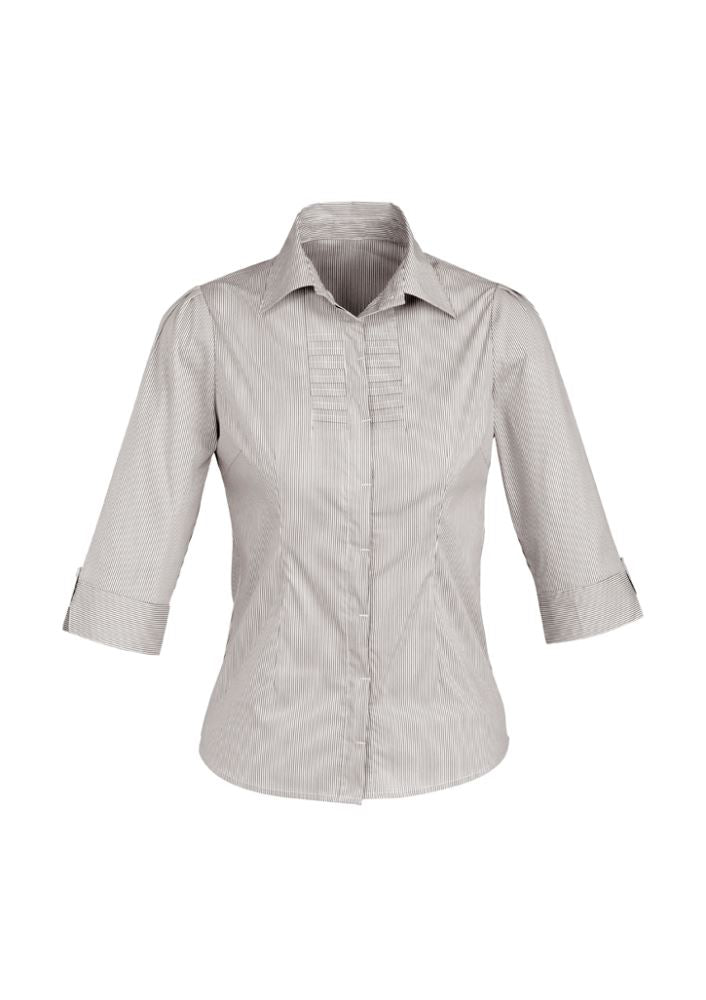 Ladies Berlin 3/4 sleeve shirt in graphite stripe, size 14, featuring shoulder pleats and a concealed button placket for a stylish fit.