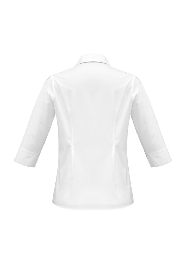 Elegant white 3/4 sleeve shirt for women, size 8, featuring yarn-dyed stripes, easy iron fabric, and flattering design details.
