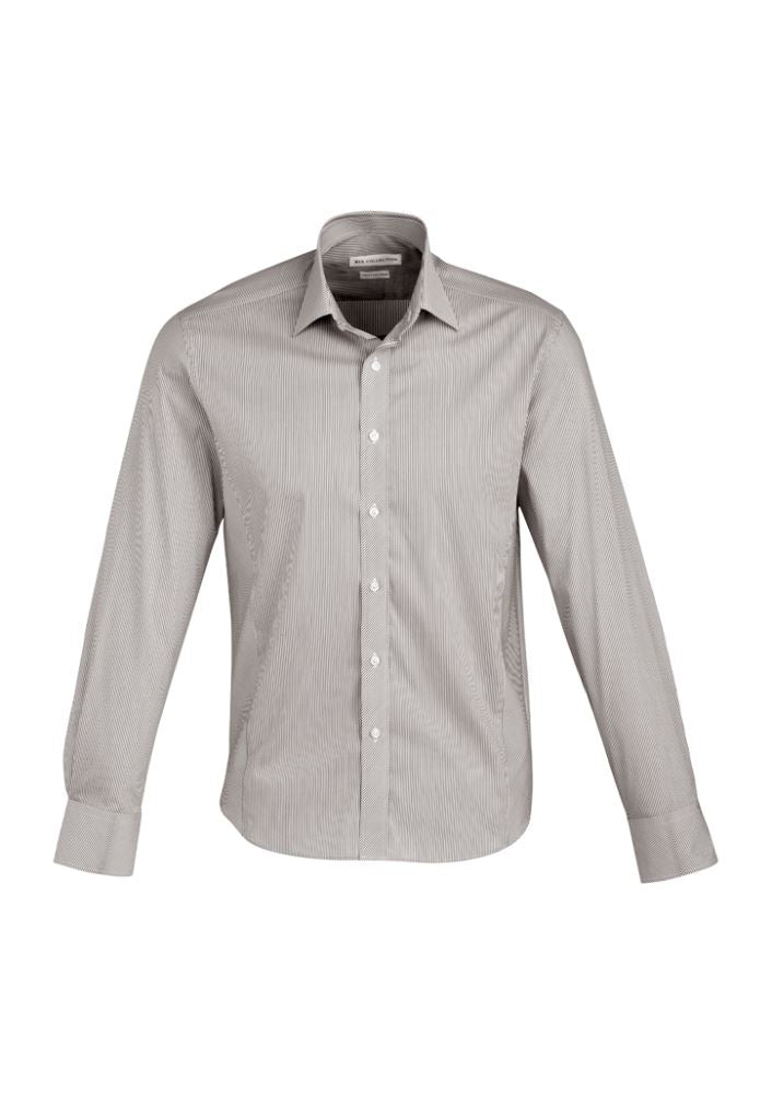 Men's long sleeve shirt in graphite stripe, featuring a tapered fit, adjustable cuffs, and wrinkle-free fabric for style and comfort.