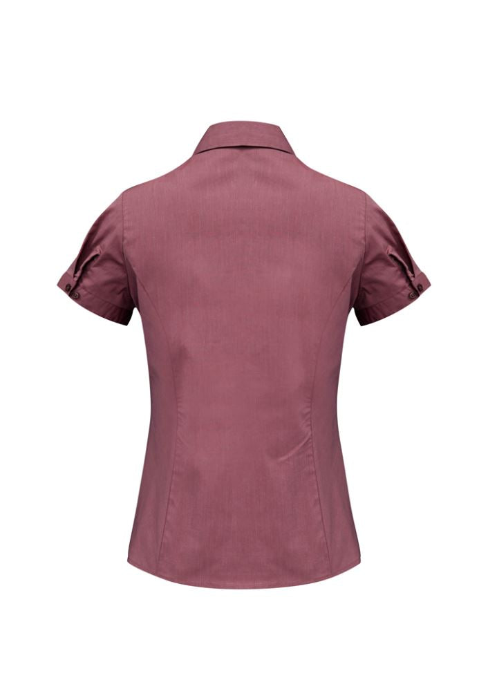 Ladies Chevron Short Sleeve Shirt in Cherry, size 24, featuring breathable stretch fabric and a chic silhouette for versatile styling.