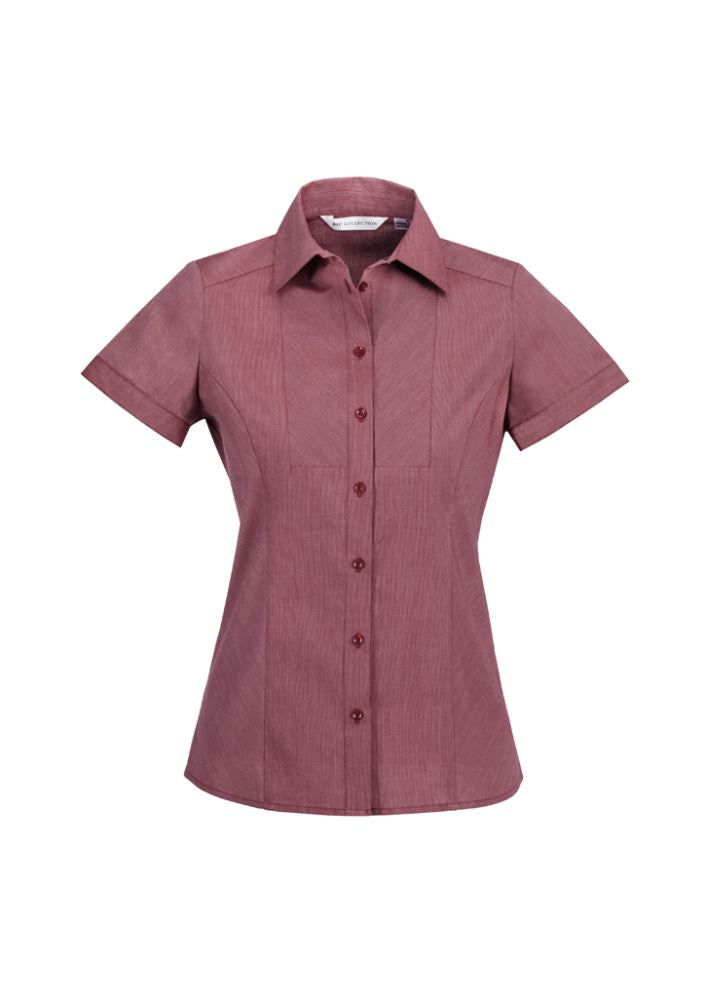 Ladies Cherry Chevron Short Sleeve Shirt in size 24, featuring breathable stretch fabric and stylish curved hem design.