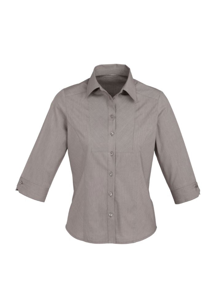 Stylish plus-size graphite stripe shirt with 3/4 sleeves, wrinkle-free fabric, and flattering shape for versatile occasions.