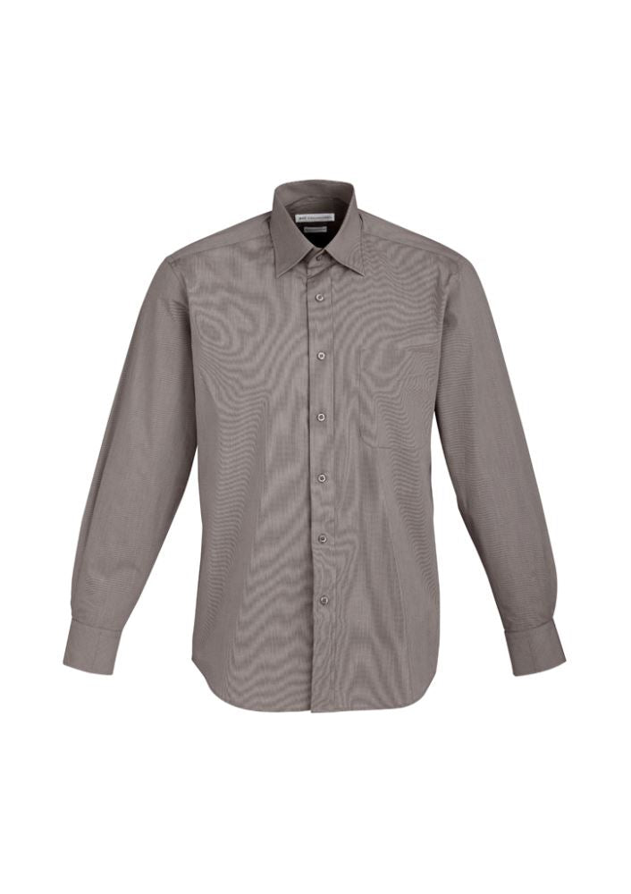 Men's Chevron Long Sleeve Shirt in Graphite Stripe, 4XL, featuring a concealed collar, adjustable cuffs, and easy-care fabric.