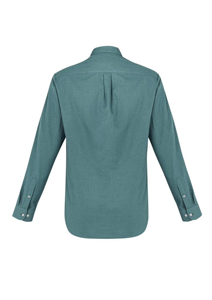 Mens Memphis Shirt in Jasper Green, XS size, featuring button-down collar, back pleat, and adjustable cuffs for comfort and style.