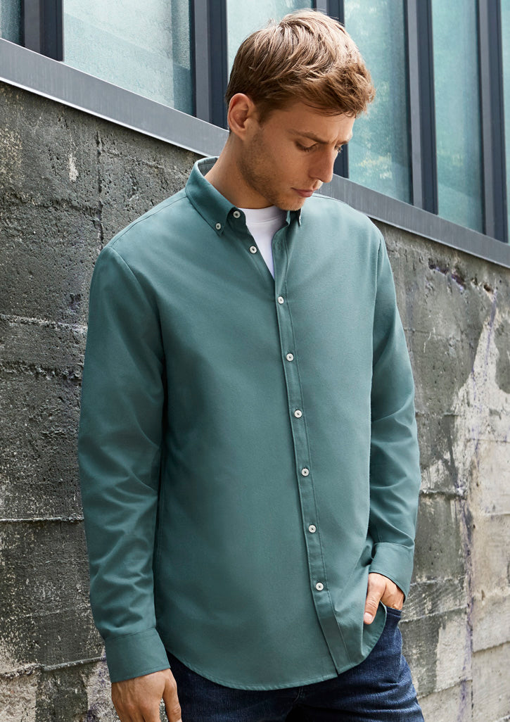 Men's Memphis Shirt in Mineral Blue, XL - stylish cotton-polyester blend with button-down collar and adjustable cuffs.