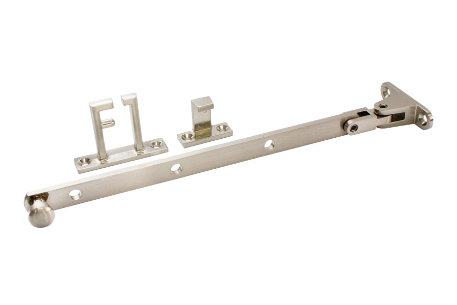 Satin nickel plated 240mm short casement stay for side-hung windows, perfect for compact spaces and easy installation.