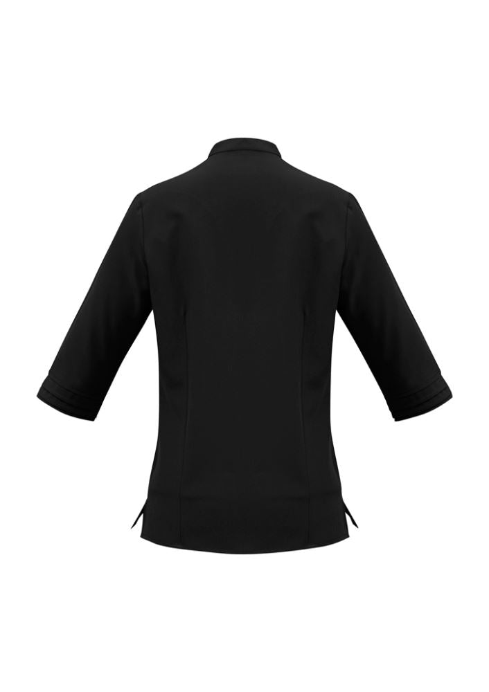 Ladies Quay 3/4 sleeve black shirt, size 14, featuring Teflon stain release, open neckline, and flattering darts for a polished look.