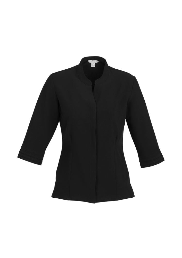 Ladies Quay 3/4 Sleeve Shirt in black, size 8, features a stylish open neckline, flattering darts, and Teflon stain release technology.