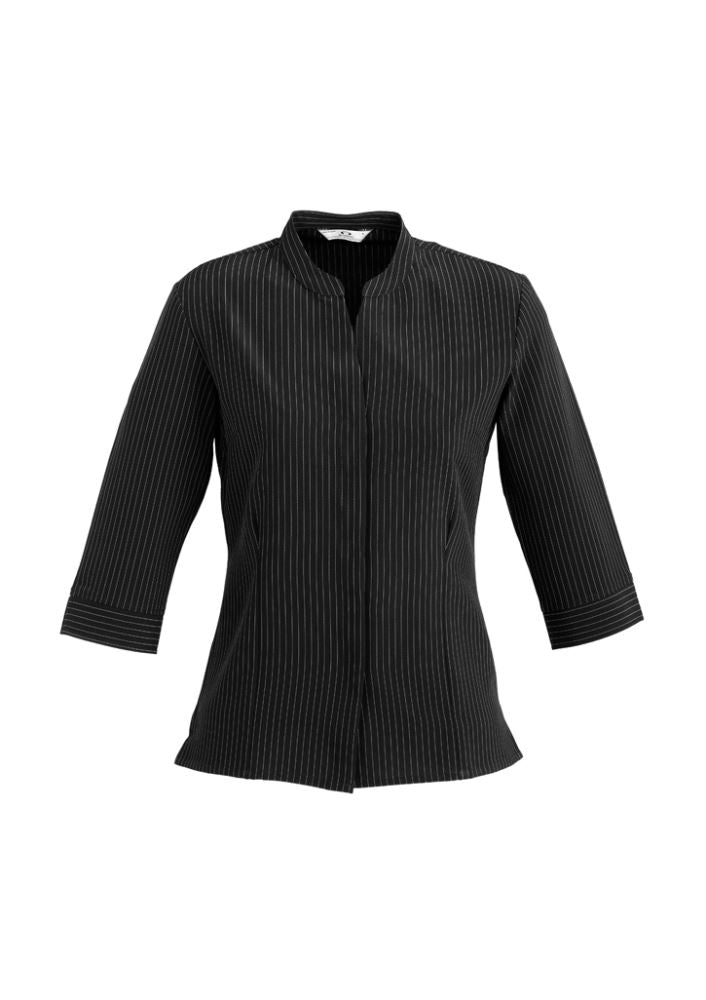 Ladies Quay 3/4 Sleeve Shirt in Black/White, Size 6, featuring a sleek design, Teflon stain release, and comfortable fit.