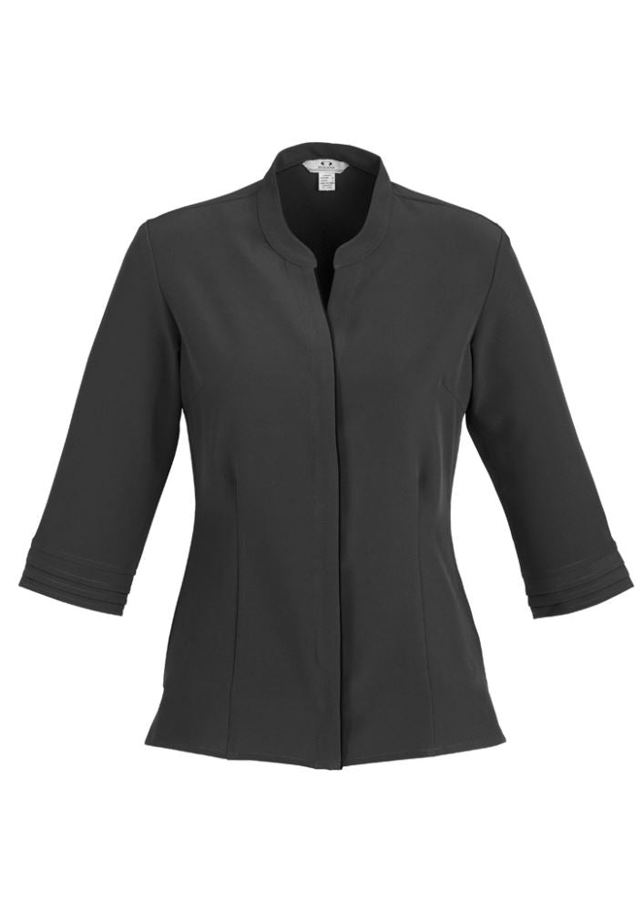 Ladies Quay charcoal/black 3/4 sleeve shirt, size 14, featuring an open neckline and stain release fabric for effortless style.