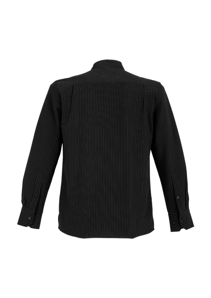 Men's black and white long sleeve shirt from Biz Collection, featuring a modern mandarin collar and unique yarn dyed stripe design.