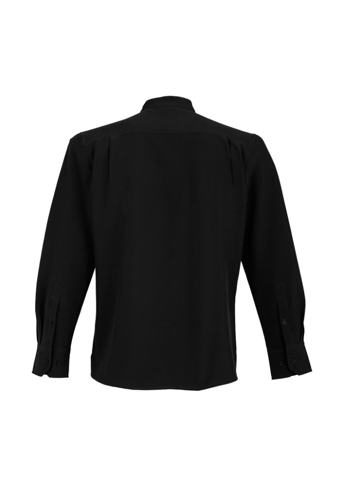 Men's black long sleeve shirt in 2XL, featuring a mandarin collar, concealed placket, and Teflon® stain release for easy care.