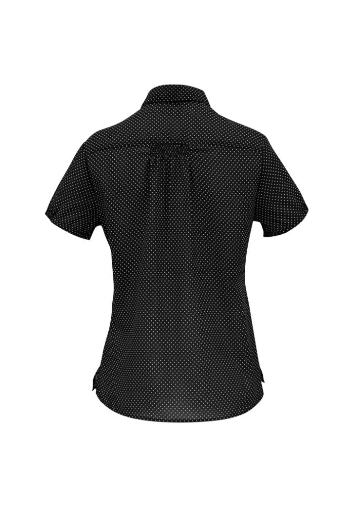 Ladies Ruby Blouse in striking black and white, featuring gathered pleat, elasticated sleeves, and a flattering curved hem.