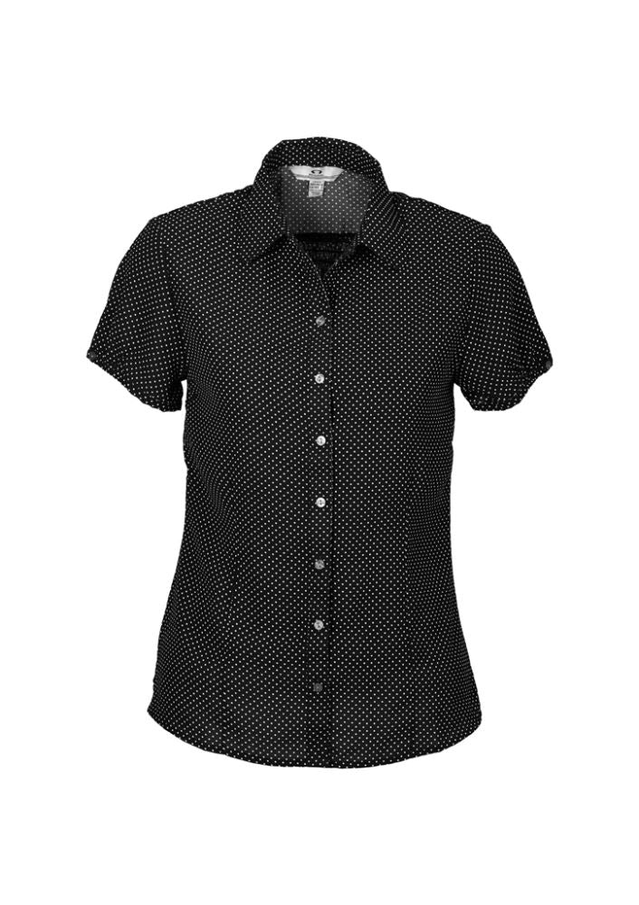 Ladies Ruby Blouse in Black/White, size 14; features pleat detail, buttoned sleeves, and versatile curved hem for stylish comfort.