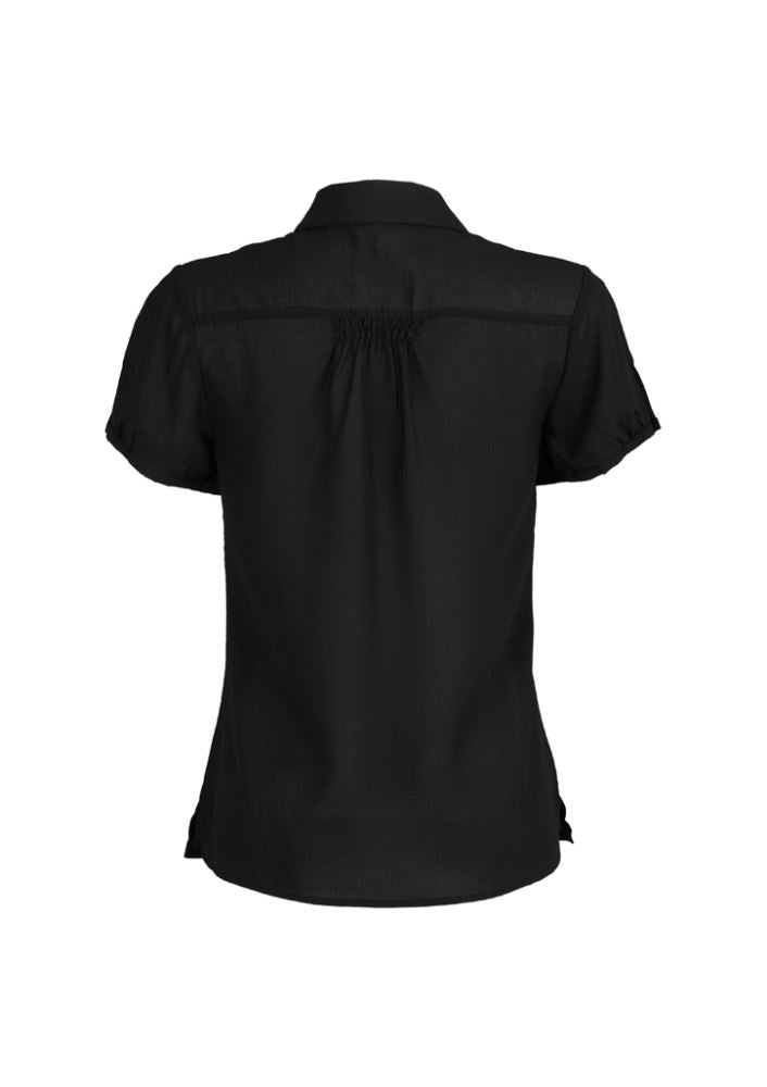 Ladies Ruby Blouse in black, size 22, featuring gathered pleat, elastic cuffs, and a versatile curved hem for stylish comfort.
