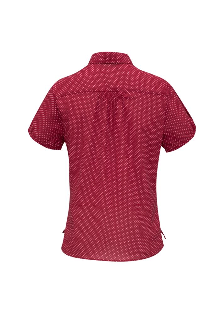 Ladies Ruby Blouse in Cherry/White, Size 12, features a gathered pleat, buttoned sleeves, and a chic curved hem.