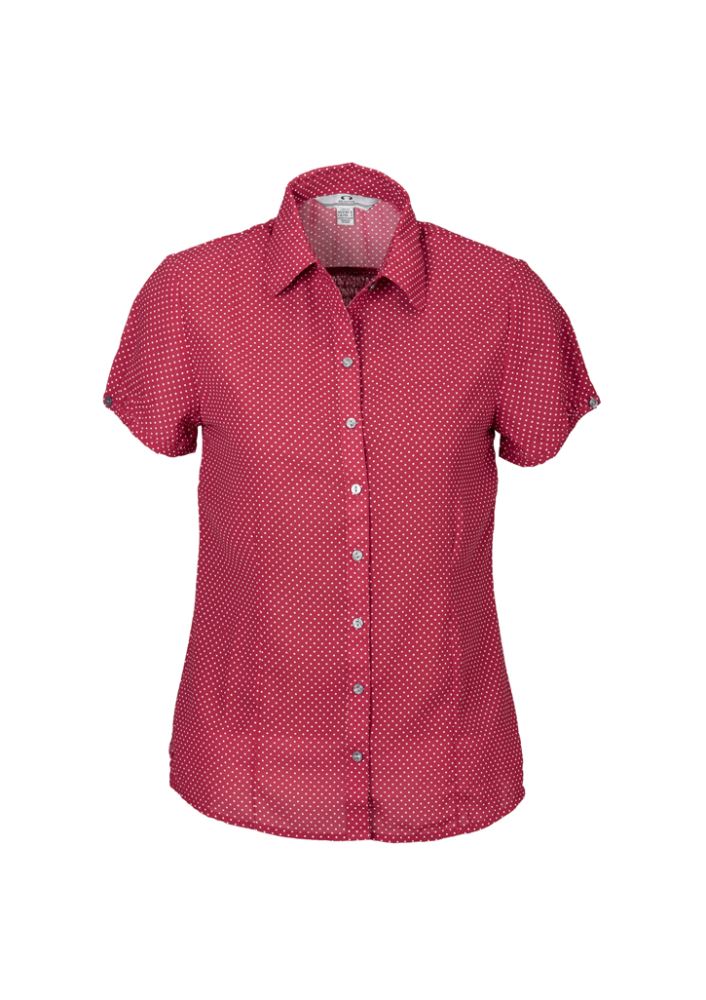 Elegant Ladies Ruby Blouse in Cherry/White, Size 18, featuring a gathered pleat, buttoned sleeves, and versatile curved hem.