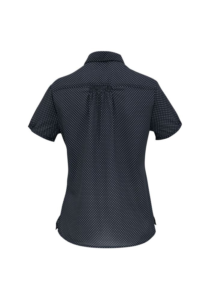 Ladies navy and white Ruby Blouse, Size 8, featuring gathered pleat, tailored darts, and versatile curved hem. Perfect for any occasion.