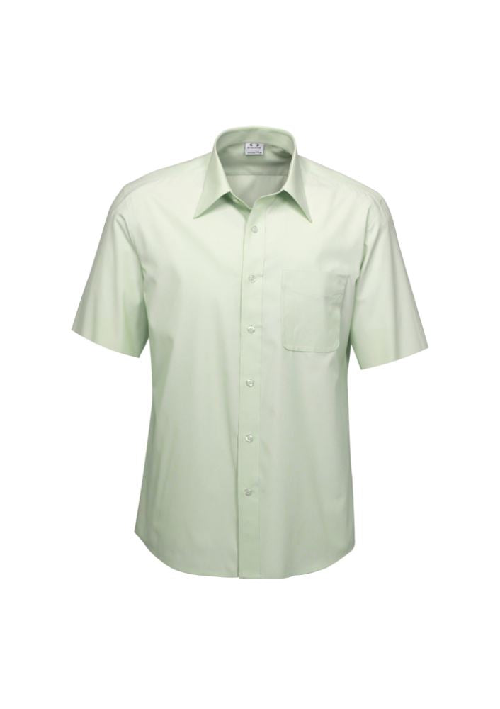 Mens green short sleeve shirt with yarn-dyed stripes, UPF protection, and back pleats for comfort, size M from Biz Collection.