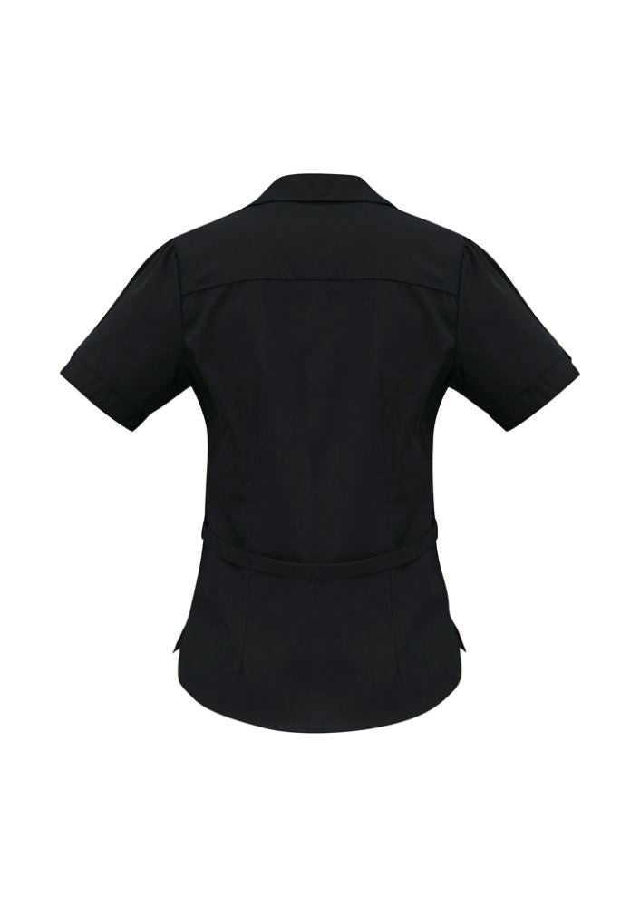 Ladies Berlin Y-Line Shirt in black, size 12, featuring elegant shoulder pleats, a Peter Pan collar, and a flattering fit.